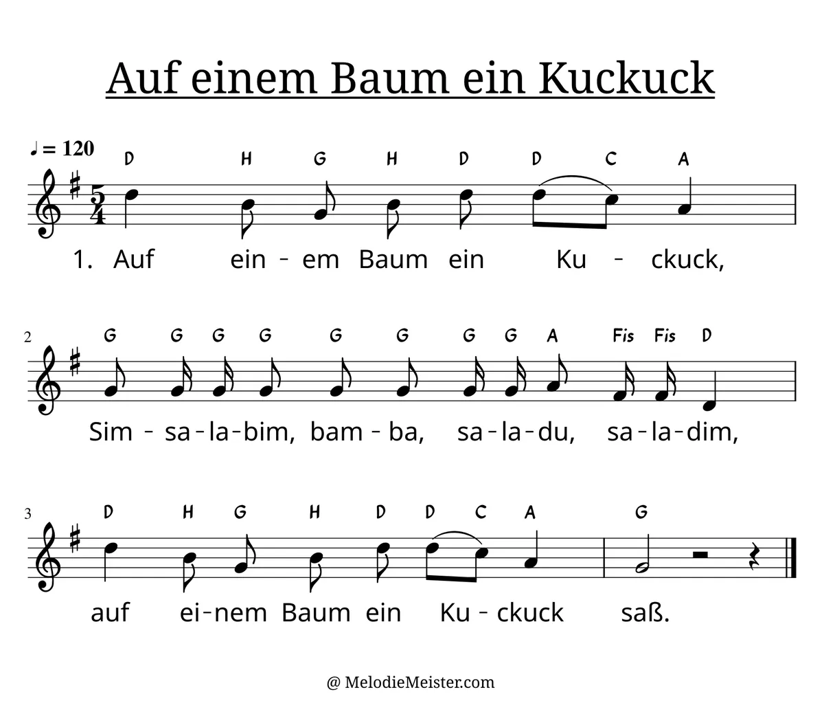 Notenblatt „Auf einem Baum ein Kuckuck“. Einstimmige Melodie im Violinschlüssel, G-Dur, 5/4-Takt, mit der 1. Strophe des Liedtextes.