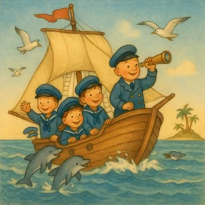 Fröhliche Kinder als Matrosen und ein lächelnder, glatzköpfiger Kapitän stehen auf einem Segelschiff. Möwen fliegen, Delfine springen im Meer, am Horizont liegt eine Insel.