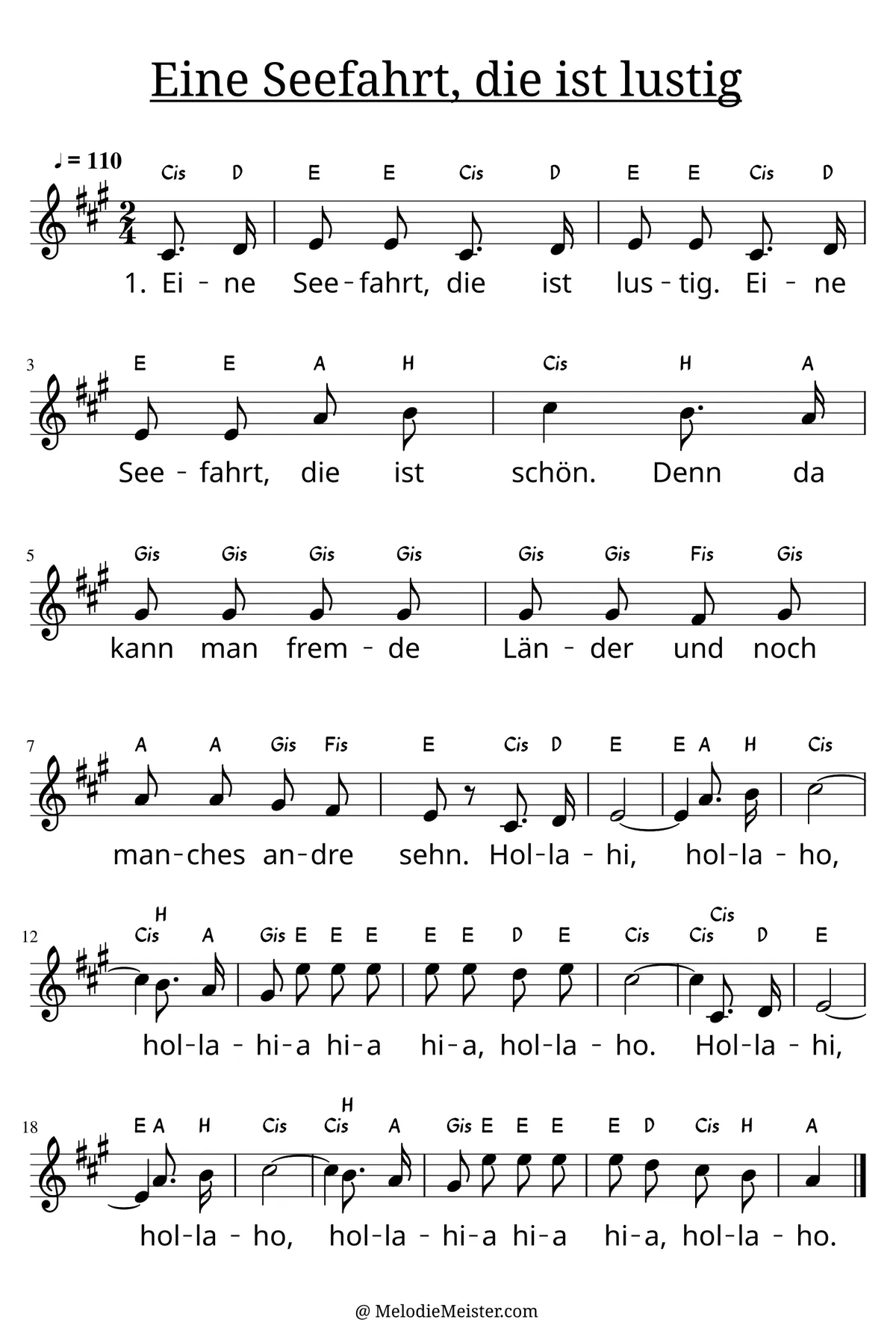 Notenblatt „Eine Seefahrt, die ist lustig“. Einstimmige Melodie im Violinschlüssel, A-Dur, 2/4-Takt, mit der 1. Strophe des Liedtextes.
