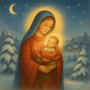Maria hält das neugeborene Jesuskind behutsam im Arm, umgeben von einer verschneiten Winterlandschaft bei Nacht. Ein sanftes Licht umgibt sie, während am Himmel Sterne funkeln und der Halbmond scheint. Die Szene erinnert an ein klassisches Weihnachtsbilderbuch.