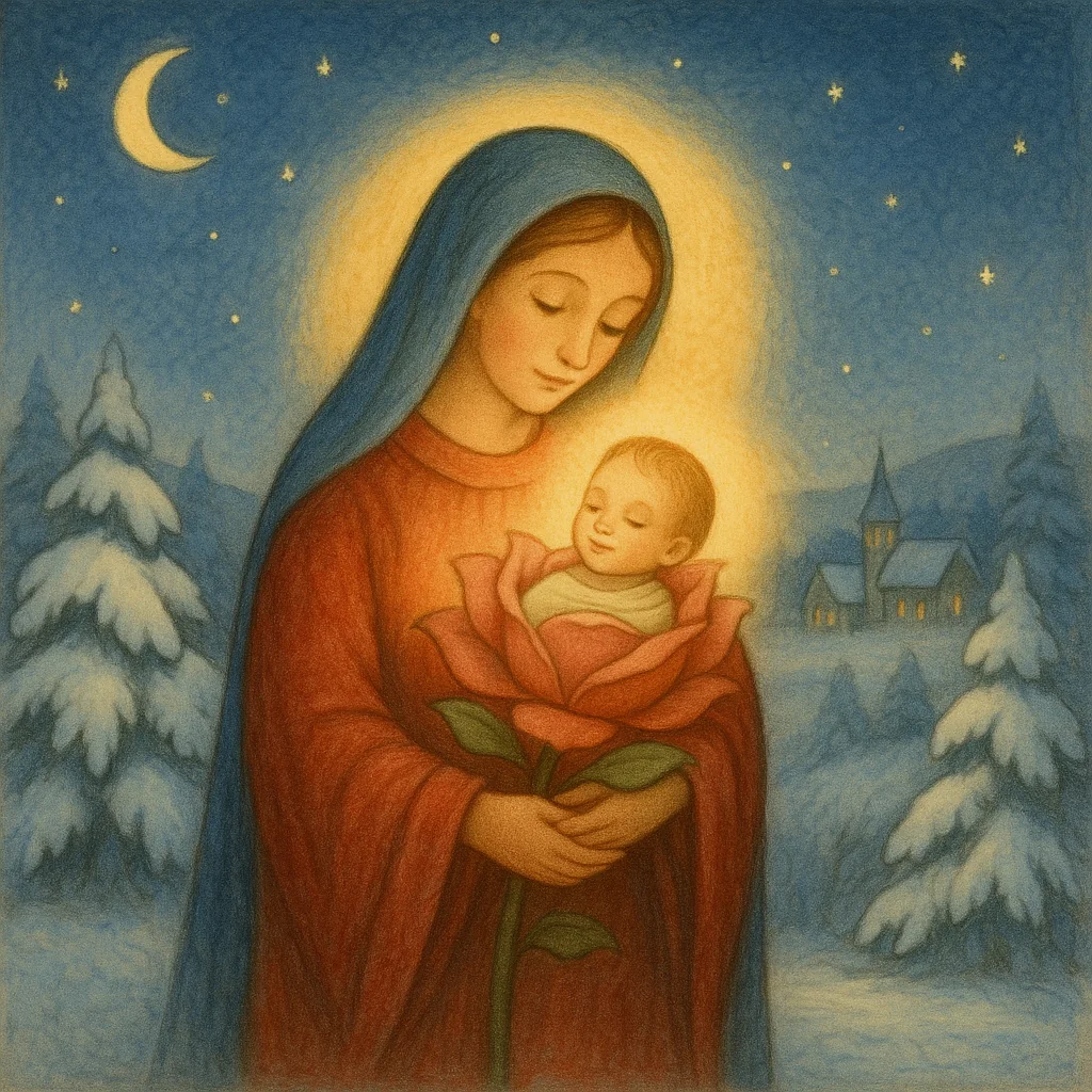Maria hält das neugeborene Jesuskind behutsam im Arm, umgeben von einer verschneiten Winterlandschaft bei Nacht. Ein sanftes Licht umgibt sie, während am Himmel Sterne funkeln und der Halbmond scheint. Die Szene erinnert an ein klassisches Weihnachtsbilderbuch.