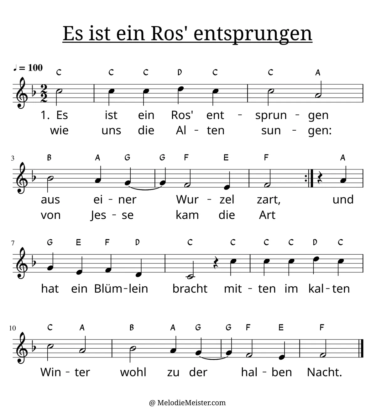 Notenblatt „Es ist ein Ros' entsprungen“. Einstimmige Melodie im Violinschlüssel, , , mit der 1. Strophe des Liedtextes.