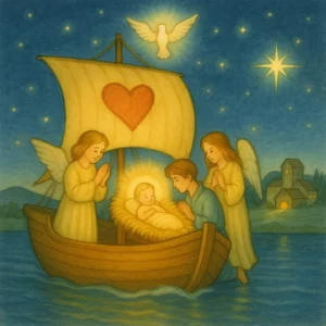 Ein gemaltes Segelschiff fährt sanft über ein stilles nächtliches Wasser. In der Mitte liegt das Jesuskind in einer Krippe, umgeben von leuchtendem Licht. Zwei Engel knien betend daneben. Das Segel zeigt ein rotes Herz, über dem Mast schwebt eine leuchtende Taube. Im Hintergrund ist Bethlehem unter dem Sternenhimmel zu sehen.