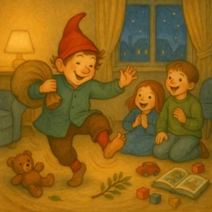Ein fröhlicher Wichtel mit roter Zipfelmütze tanzt lachend durch ein warm erleuchtetes Wohnzimmer und wirft sein Säckchen hinter sich. Zwei Kinder schauen begeistert zu. Spielsachen liegen verstreut am Boden.