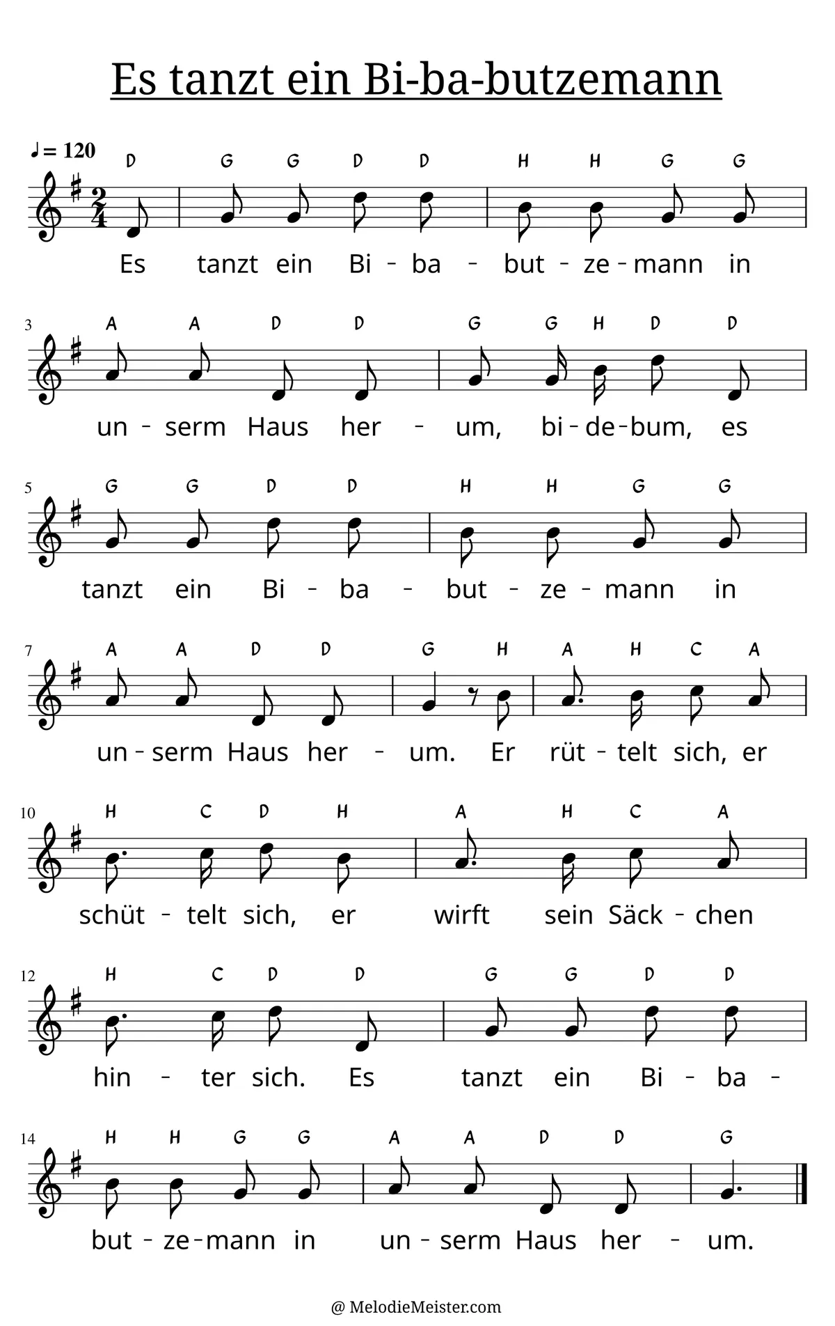 Notenblatt „Es tanzt ein Bi-ba-butzemann“. Einstimmige Melodie im Violinschlüssel, G-Dur, 2/4-Takt, mit der 1. Strophe des Liedtextes.