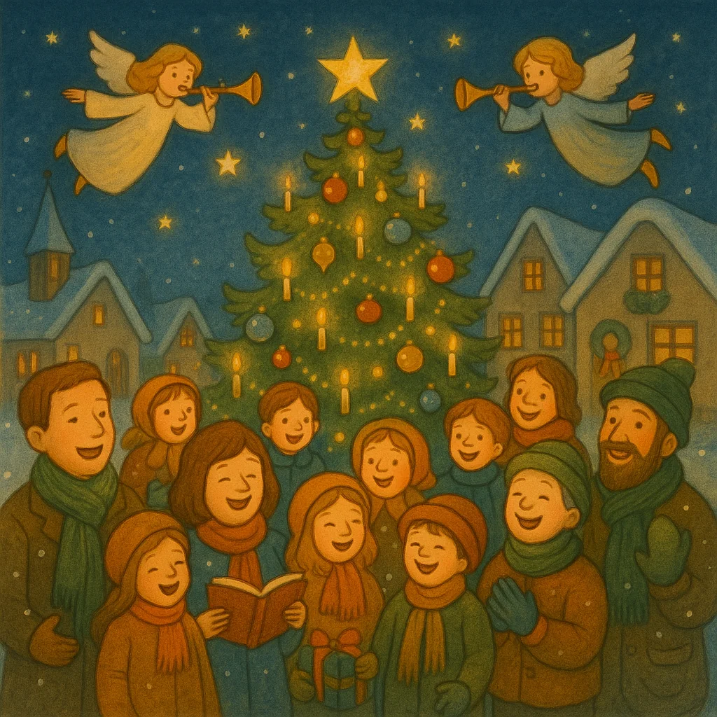 Ein weihnachtlich geschmückter Dorfplatz bei Nacht, auf dem Kinder und Familien fröhlich um einen großen Weihnachtsbaum singen. Über ihnen fliegen Engel mit Trompeten. Schnee fällt leise, Lichter leuchten warm aus den Fenstern.