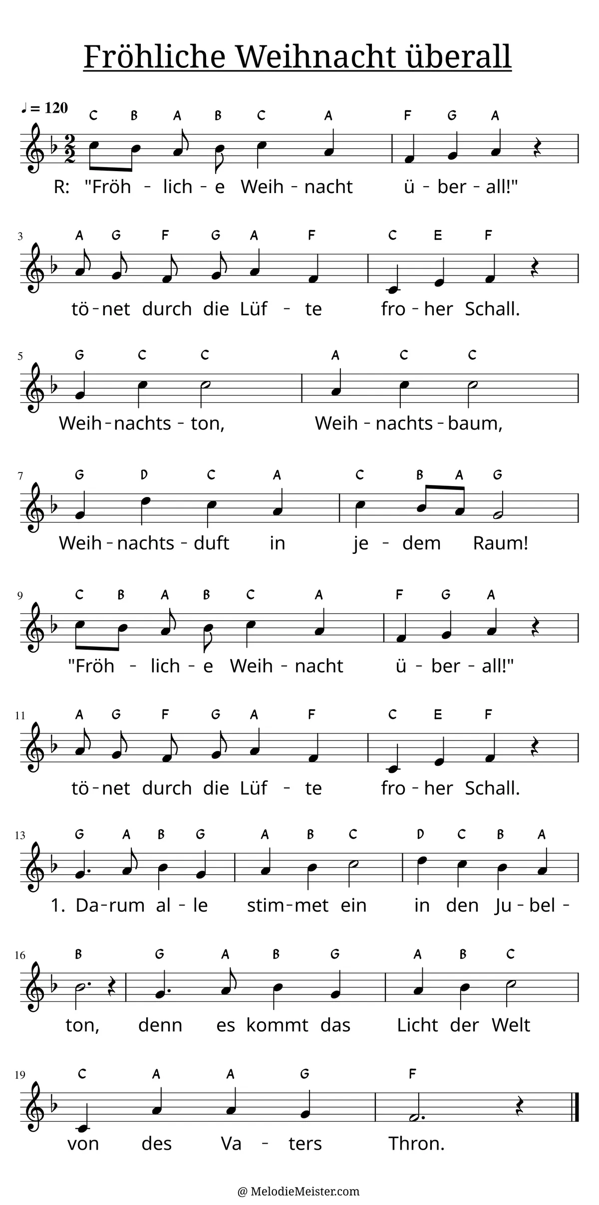 Notenblatt „Fröhliche Weihnacht überall“. Einstimmige Melodie im Violinschlüssel, , , mit der 1. Strophe des Liedtextes.