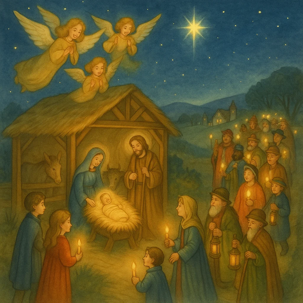 Ein festliches Weihnachtsbild zeigt den Stall von Bethlehem bei Nacht. Das Christkind liegt leuchtend in der Krippe, umgeben von Maria, Josef, Tieren und betenden Kindern. Von weitem kommt eine große Gruppe Gläubiger mit Kerzen und Laternen. Über dem Stall singen drei Engel unter dem strahlenden Stern von Bethlehem.