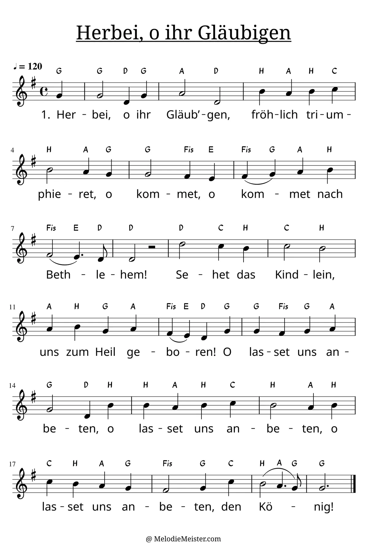Notenblatt „Herbei, o ihr Gläubigen“. Einstimmige Melodie im Violinschlüssel, , , mit der 1. Strophe des Liedtextes.