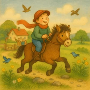 Ein Kind reitet lachend auf einem kleinen braunen Pony durch eine sonnige Wiesenlandschaft. Im Hintergrund wartet eine Familie vor einem Bauernhaus, Vögel fliegen über Wildblumen hinweg.