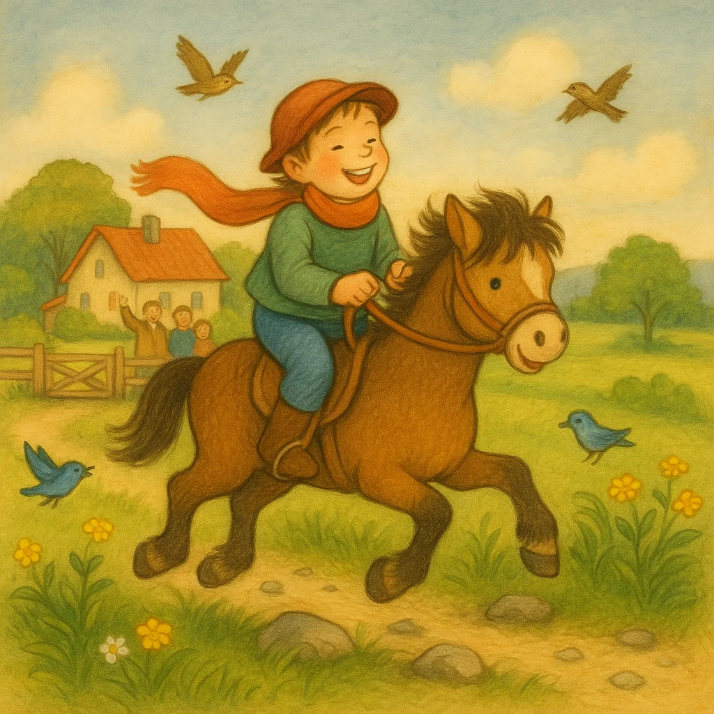 Ein Kind reitet lachend auf einem kleinen braunen Pony durch eine sonnige Wiesenlandschaft. Im Hintergrund wartet eine Familie vor einem Bauernhaus, Vögel fliegen über Wildblumen hinweg.