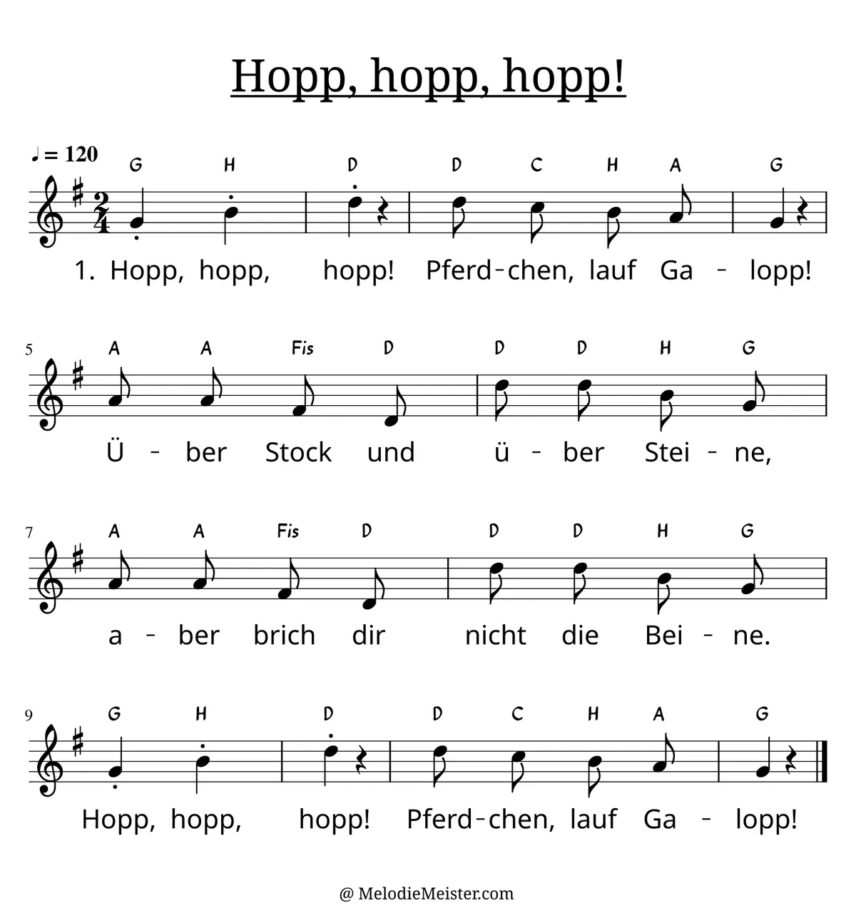 Notenblatt „Hopp, hopp, hopp, Pferdchen, lauf Galopp“. Einstimmige Melodie im Violinschlüssel, G-Dur, 2/4-Takt, mit der 1. Strophe des Liedtextes.