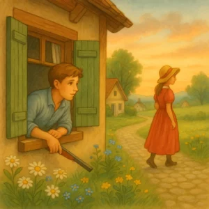 Ein gemaltes Bild im nostalgischen Kinderbuchstil zeigt einen jungen Mann, der sehnsüchtig aus einem Fenster mit grünen Fensterläden blickt. Draußen auf einem gewundenen Feldweg geht ein Mädchen in rotem Kleid und Strohhut vorbei, ohne sich umzusehen. Umgeben ist die Szene von Wiesen mit Gänseblümchen und Vergissmeinnicht unter einem weichen Sonnenuntergang.