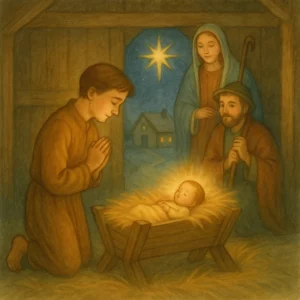 Ein junger Mann kniet betend vor der Krippe im Stall von Bethlehem. Das Jesuskind liegt in leuchtendem Stroh, während Maria und Josef liebevoll im Hintergrund stehen. Durch ein kleines Fenster scheint der Stern von Bethlehem in die Szene. Die Farben sind warm und weich, das Licht sanft und feierlich.