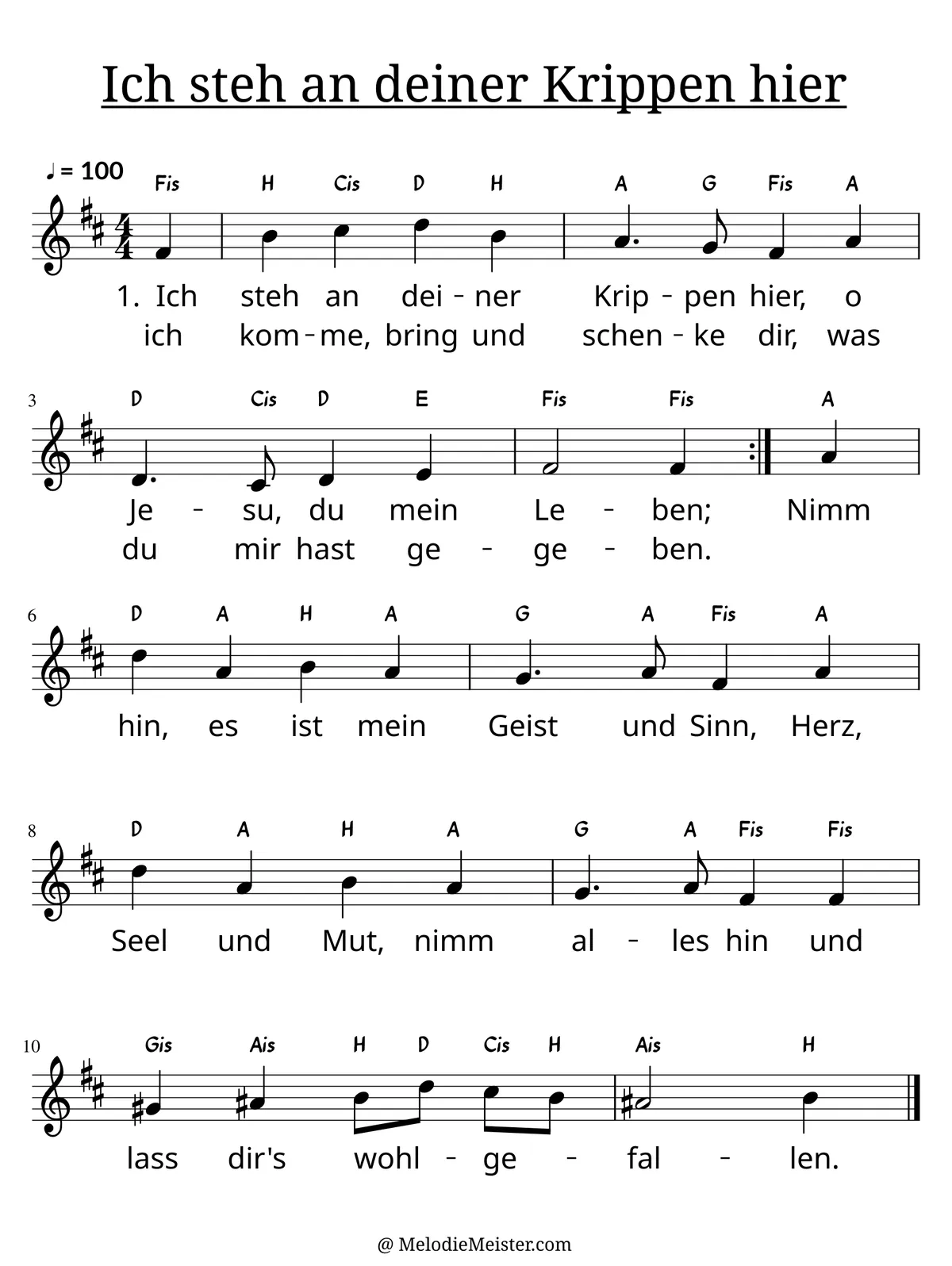 Notenblatt „Ich steh an deiner Krippen hier“. Einstimmige Melodie im Violinschlüssel, , , mit der 1. Strophe des Liedtextes.