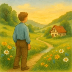 Ein junger Mann steht auf einem Wiesenpfad und blickt in ein friedliches Tal bei Sonnenuntergang. Links und rechts blühen Wildblumen, im Hintergrund fließt ein Bach und ein kleines Bauernhaus mit rotem Dach steht inmitten der grünen Hügel. Die Szene wirkt ruhig, nostalgisch und liebevoll gemalt im klassischen Kinderbuchstil.