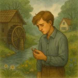Ein junger Mann steht traurig neben einem Bach, in dem sich ein altes hölzernes Mühlenrad langsam dreht. In seiner Hand hält er einen zerbrochenen Ring und blickt mit gesenktem Kopf darauf. Im Hintergrund steht ein kleines, verlassenes Haus zwischen Bäumen. Die Szene ist weich gemalt, in kühlen, melancholischen Farben gehalten.