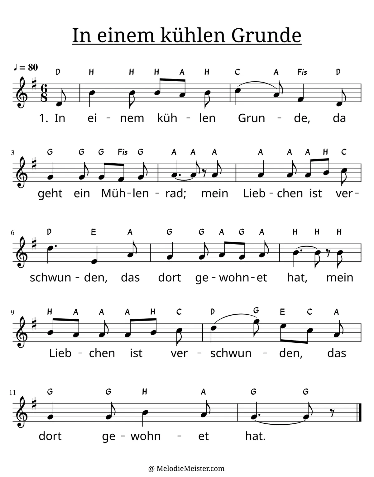 Notenblatt „In einem kühlen Grunde“. Einstimmige Melodie im Violinschlüssel, G-Dur, 6/8-Takt, mit der 1. Strophe des Liedtextes.