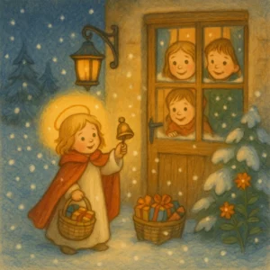 Ein kindliches Christkind steht im Schnee vor einer warm erleuchteten Haustür und läutet ein Glöckchen. Durch vereiste Fenster blicken Kinder neugierig nach draußen. Umgeben ist die Szene von fallendem Schnee, Geschenken und leuchtenden Laternen.