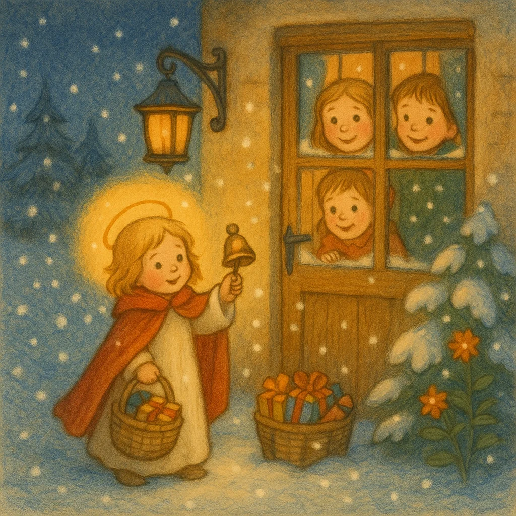 Ein kindliches Christkind steht im Schnee vor einer warm erleuchteten Haustür und läutet ein Glöckchen. Durch vereiste Fenster blicken Kinder neugierig nach draußen. Umgeben ist die Szene von fallendem Schnee, Geschenken und leuchtenden Laternen.