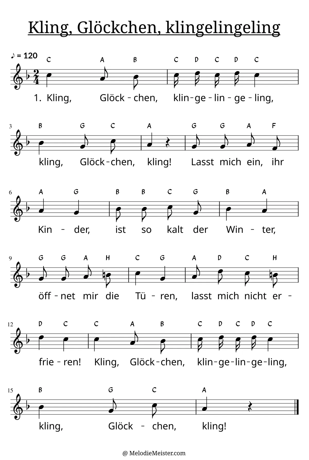 Notenblatt „Kling, Glöckchen, klingelingeling“. Einstimmige Melodie im Violinschlüssel, , , mit der 1. Strophe des Liedtextes.