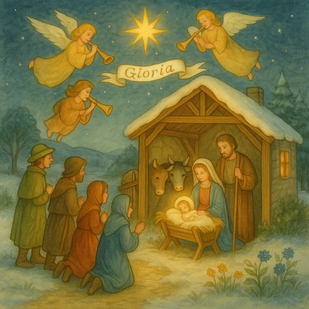 Eine friedliche, gemalte Weihnachtsszene zeigt den Stall von Bethlehem bei Nacht: Maria und Josef knien an der Krippe mit dem Jesuskind, über dem eine helle Stern leuchtet. Engel mit goldenen Trompeten schweben am Himmel mit einem Banner, auf dem „Gloria“ steht. Hirten – Männer, Frauen und Kinder – nähern sich ehrfürchtig im Schnee.