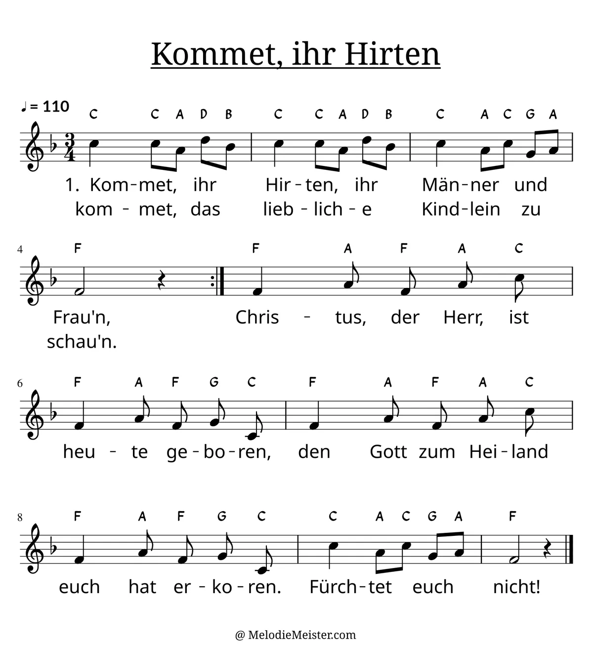 Notenblatt „Kommet, ihr Hirten“. Einstimmige Melodie im Violinschlüssel, , , mit der 1. Strophe des Liedtextes.