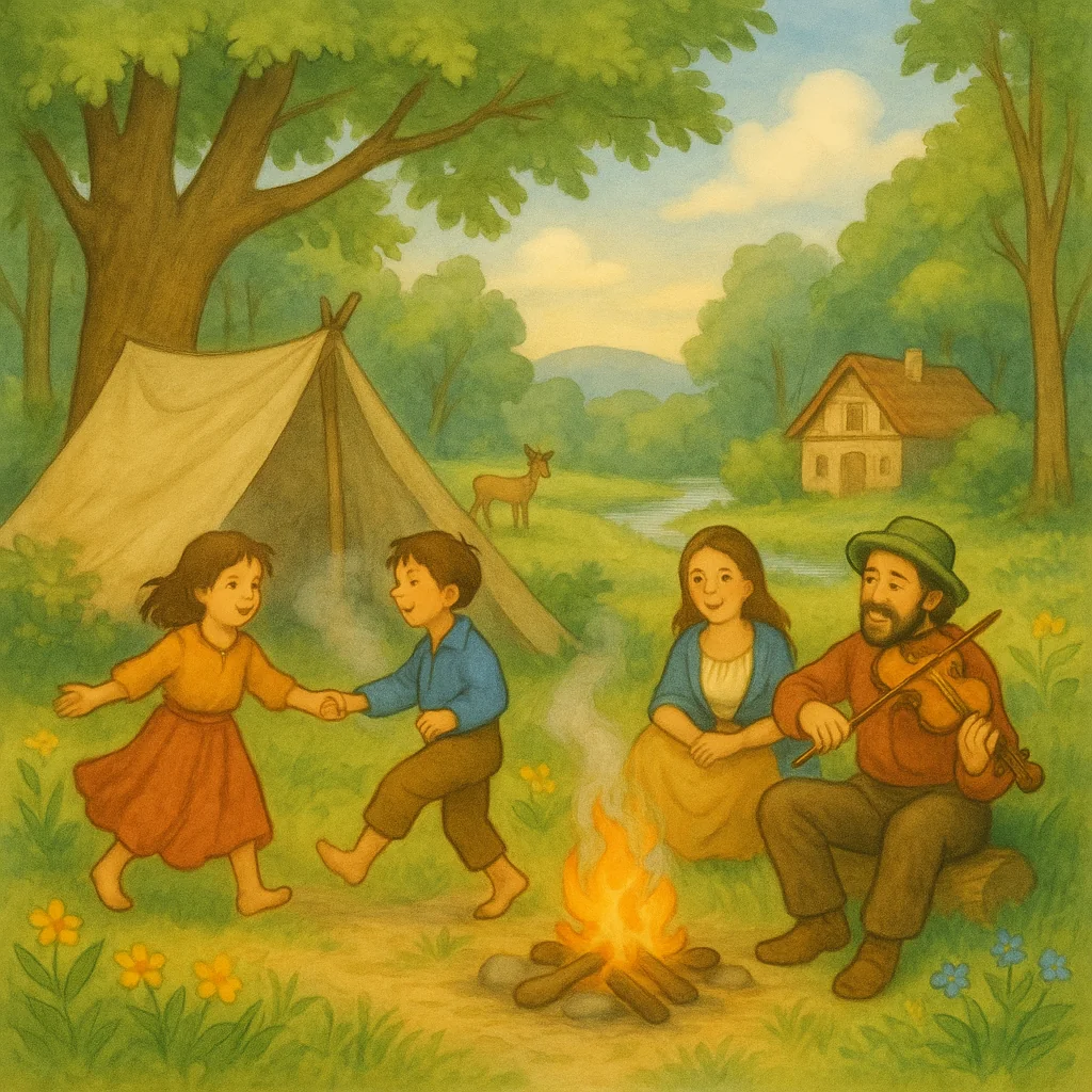 Ein fröhliches, gemaltes Lagerleben am Waldrand: Zwei Kinder tanzen barfuß um ein kleines Lagerfeuer, während ein Mann mit grünem Hut Geige spielt. Eine Frau sitzt lächelnd neben ihm. Im Hintergrund stehen ein Zelt aus Stoffbahnen, ein Bach und ein Reh. Die Szene wirkt friedlich, naturverbunden und freundlich.