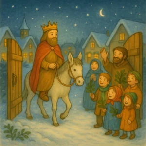 Ein freundlicher König auf einem weißen Esel reitet durch geöffnete Tore in ein verschneites Dorf. Kinder und Dorfbewohner empfangen ihn mit grünen Zweigen. Kerzenlicht scheint aus den Fenstern, der Himmel ist voller Sterne.