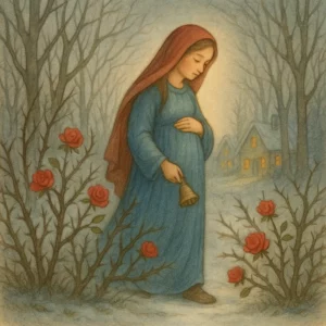 Maria geht durch einen kahlen, winterlichen Dornwald. Unter ihrem Herzen trägt sie das Jesuskind. Entlang ihres Weges beginnen die Dornen plötzlich, rote Rosen zu tragen. Ein warmes Licht begleitet sie.