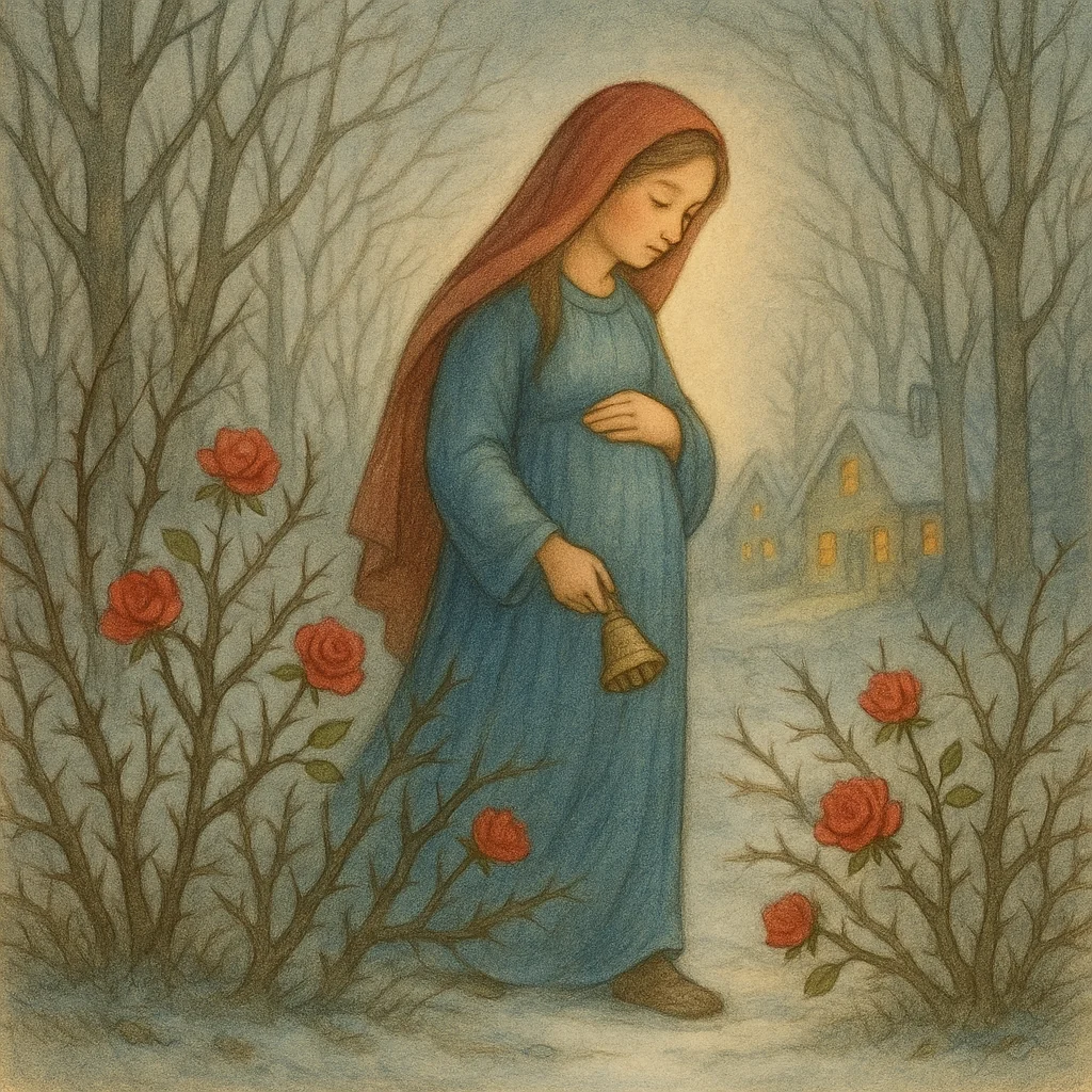 Maria geht durch einen kahlen, winterlichen Dornwald. Unter ihrem Herzen trägt sie das Jesuskind. Entlang ihres Weges beginnen die Dornen plötzlich, rote Rosen zu tragen. Ein warmes Licht begleitet sie.