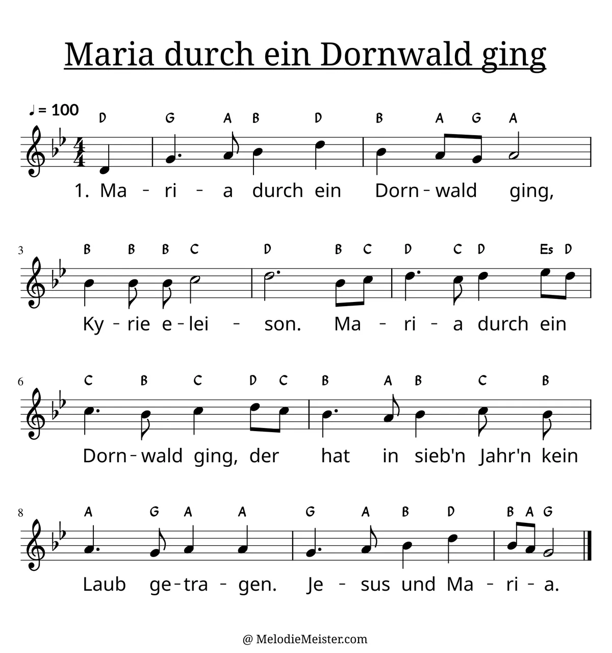 Notenblatt „Maria durch ein Dornwald ging“. Einstimmige Melodie im Violinschlüssel, , , mit der 1. Strophe des Liedtextes.