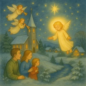 Ein gemaltes Weihnachtsbild zeigt eine verschneite Nachtlandschaft mit einem kleinen Dorf. Ein leuchtendes Christkind mit goldener Aura schwebt vom Himmel zur Erde. Zwei Engel blasen Trompeten über einer Kirche mit Glockenturm. Eine Familie (Vater, Mutter, Kind) beobachtet die Szene ehrfürchtig aus einem Fenster. Sterne funkeln am Himmel, alles ist still und festlich.