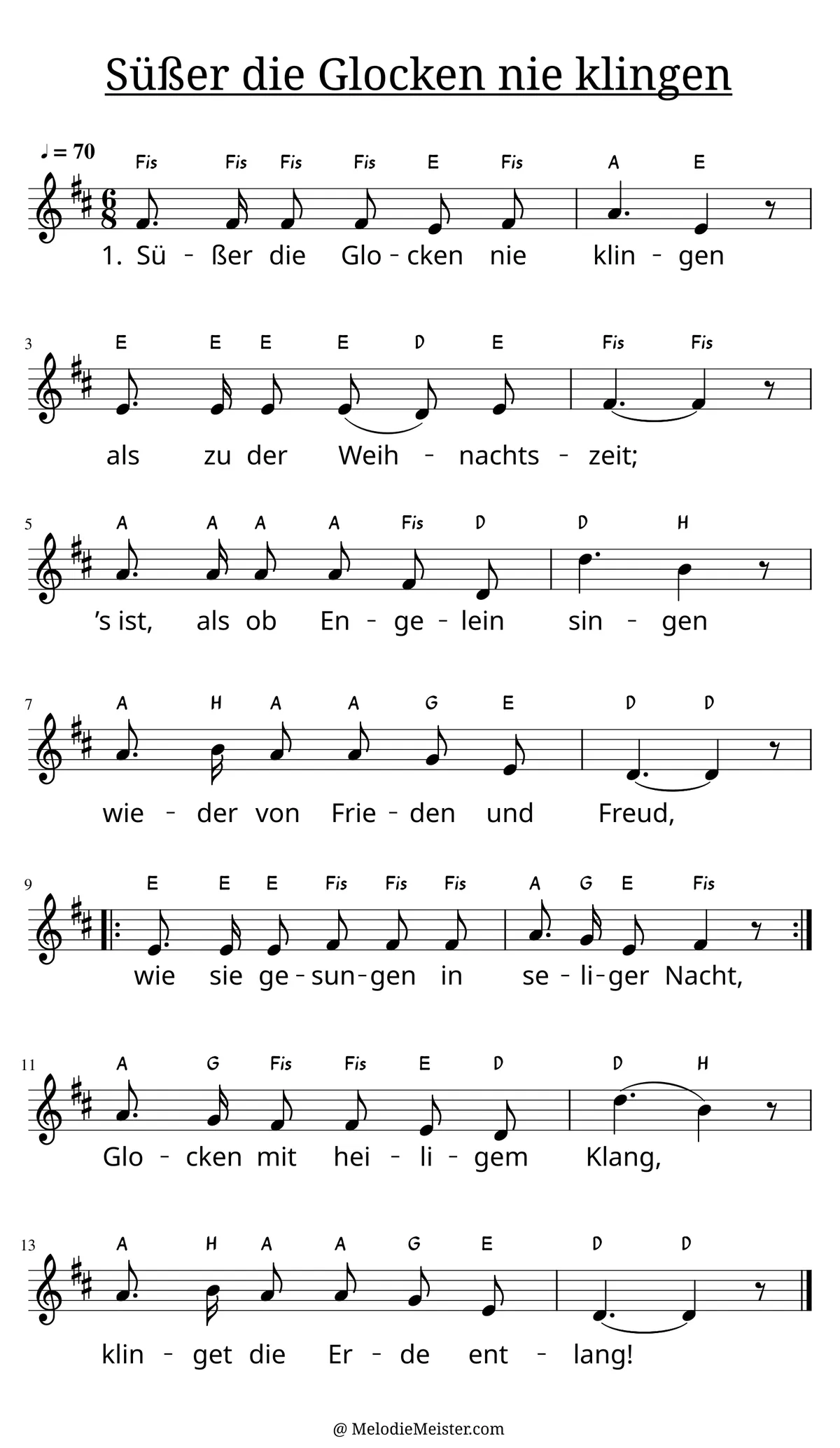 Notenblatt „Süßer die Glocken nie klingen“. Einstimmige Melodie im Violinschlüssel, , , mit der 1. Strophe des Liedtextes.