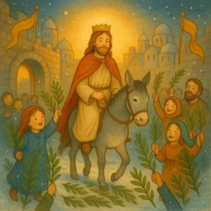 Ein sanfter König auf einem Esel reitet durch ein Stadttor, empfangen von jubelnden Menschen und Kindern mit Palmzweigen. Die Stadt Jerusalem liegt im goldenen Licht des Abends, während leiser Schnee fällt.