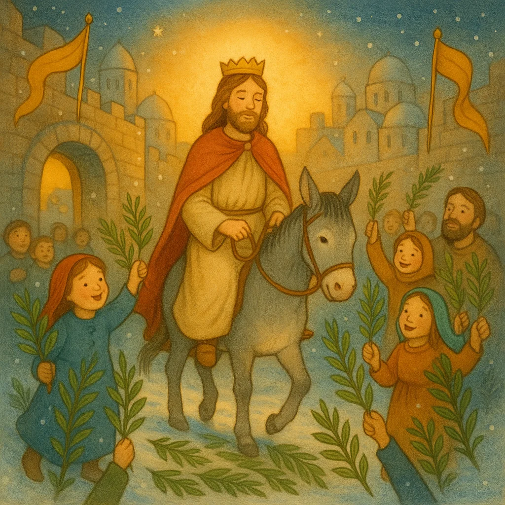 Ein sanfter König auf einem Esel reitet durch ein Stadttor, empfangen von jubelnden Menschen und Kindern mit Palmzweigen. Die Stadt Jerusalem liegt im goldenen Licht des Abends, während leiser Schnee fällt.