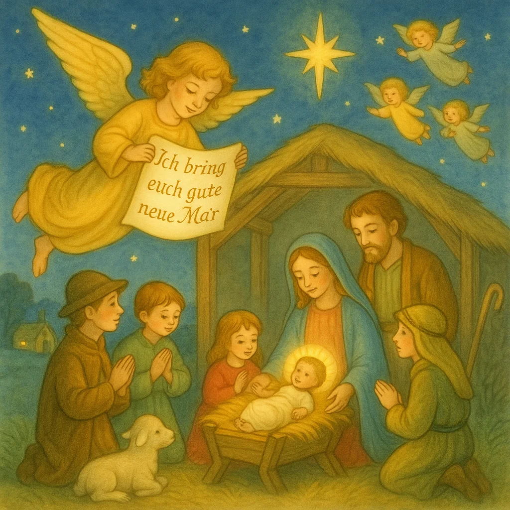 Ein Engel mit goldenen Flügeln schwebt am Nachthimmel über dem Stall von Bethlehem und hält eine Schriftrolle mit der Aufschrift „Ich bring euch gute neue Mär“. Darunter liegt das Jesuskind in der Krippe, umgeben von Maria, Josef, drei betenden Hirten, Kindern und einem kleinen Lamm. Der Stern von Bethlehem leuchtet hell.