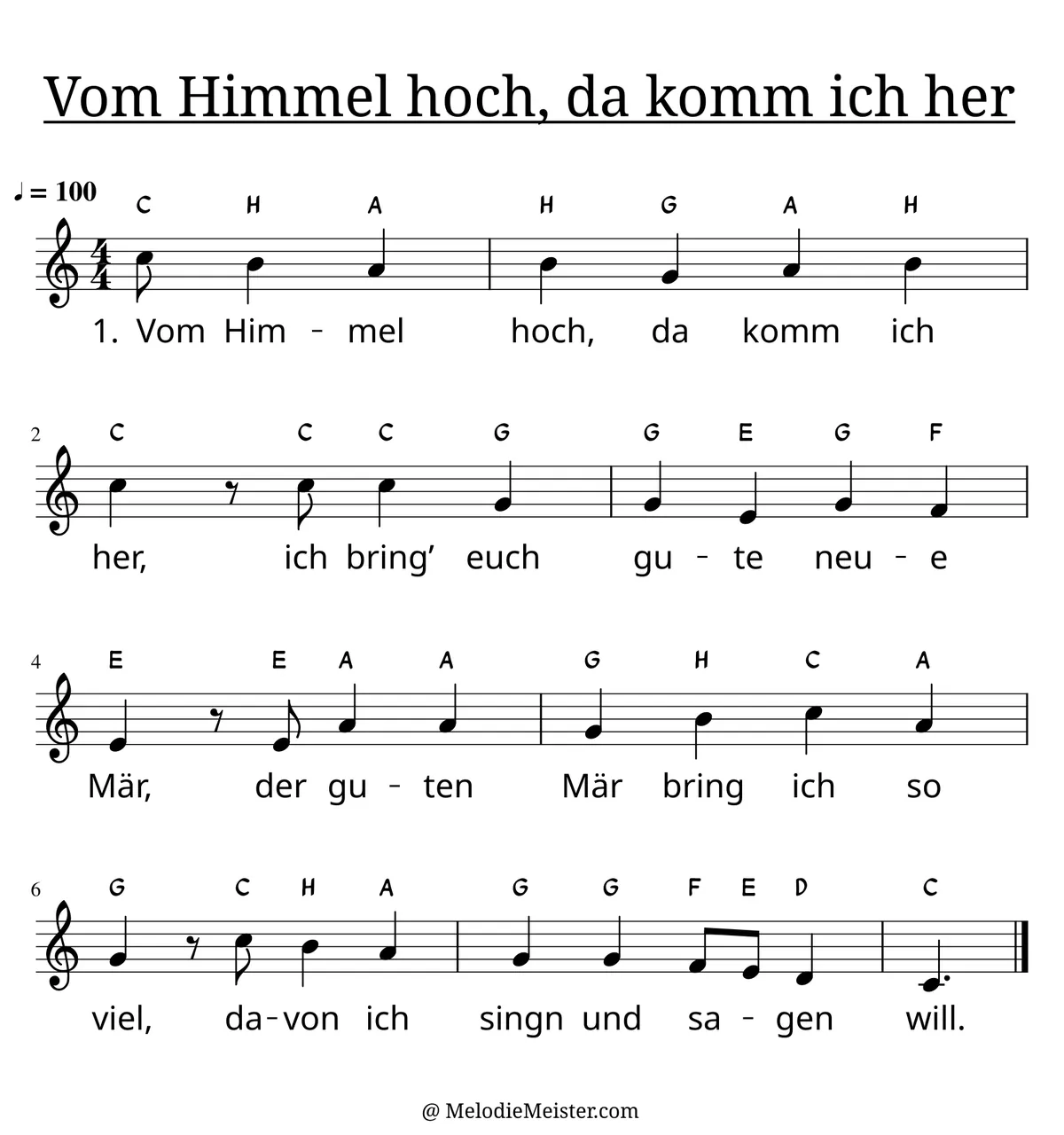 Notenblatt „Vom Himmel hoch, da komm ich her“. Einstimmige Melodie im Violinschlüssel, , , mit der 1. Strophe des Liedtextes.