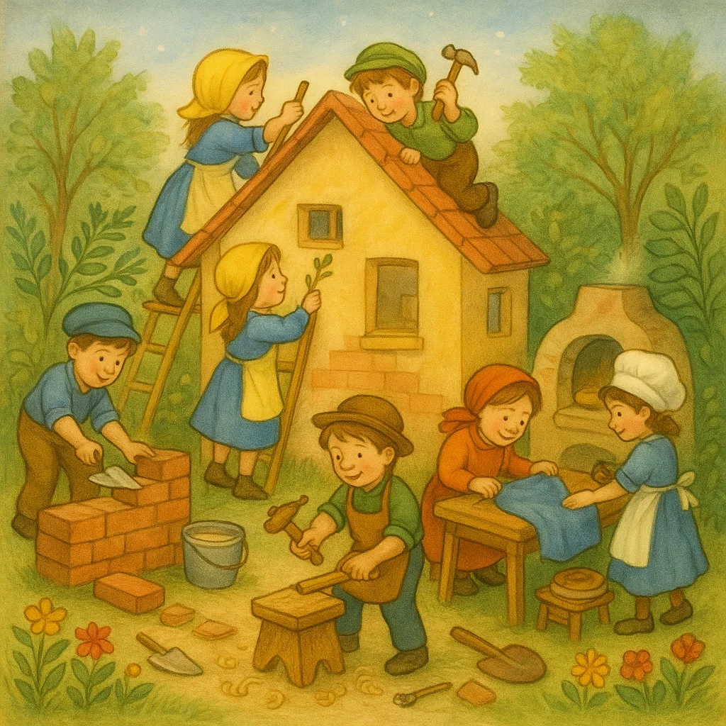 Mehrere Kinder in bunten Handwerkerkostümen bauen gemeinsam ein kleines Häuschen im Garten. Einige mauern, malen, nähen oder backen. Die Szene ist lebendig, bunt und verspielt.