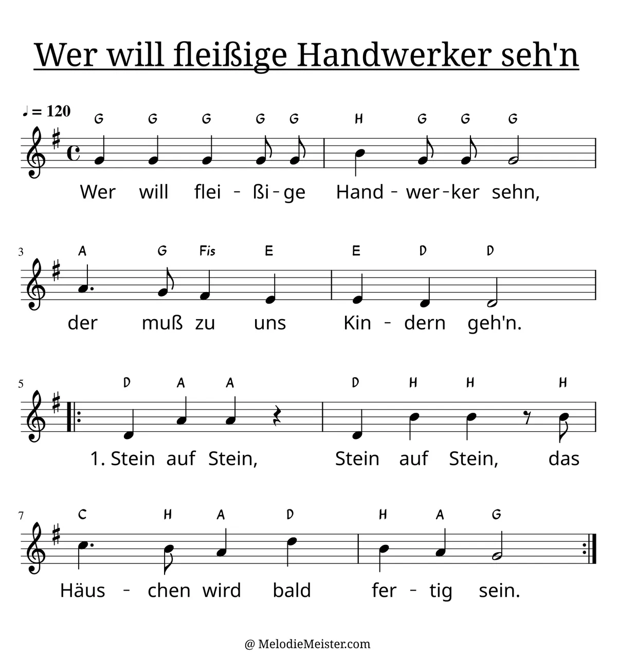 Notenblatt „Wer will fleißige Handwerker sehn“. Einstimmige Melodie im Violinschlüssel, G-Dur, 4/4-Takt, mit der 1. Strophe des Liedtextes.