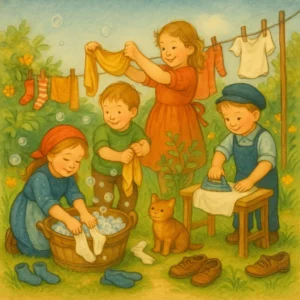 Kinder spielen Waschtag im Garten: sie waschen, wringen, hängen Wäsche auf und bügeln. Socken, Schuhe und Seifenblasen liegen umher, eine Katze beobachtet das Geschehen.