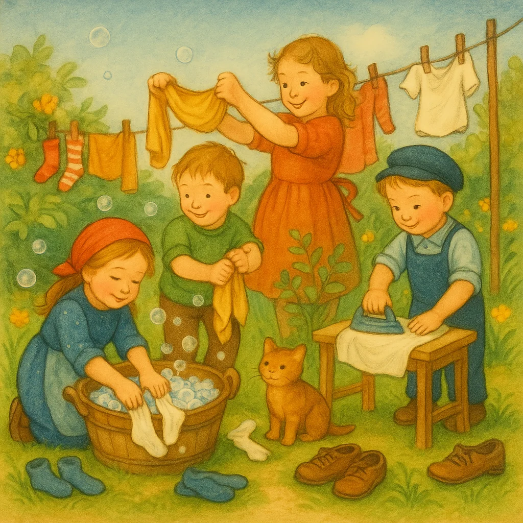 Kinder spielen Waschtag im Garten: sie waschen, wringen, hängen Wäsche auf und bügeln. Socken, Schuhe und Seifenblasen liegen umher, eine Katze beobachtet das Geschehen.