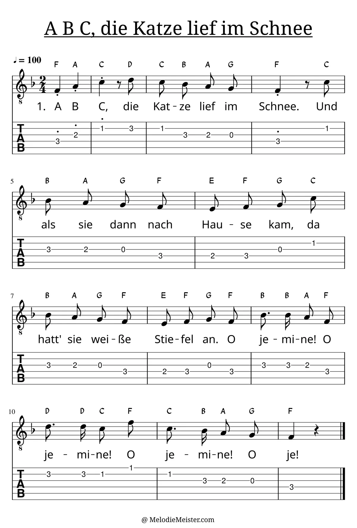 A B C, die Katze lief im Schnee – Noten für Gitarre mit Tabulatur und Text zum Kinderlied, geeignet für Anfänger