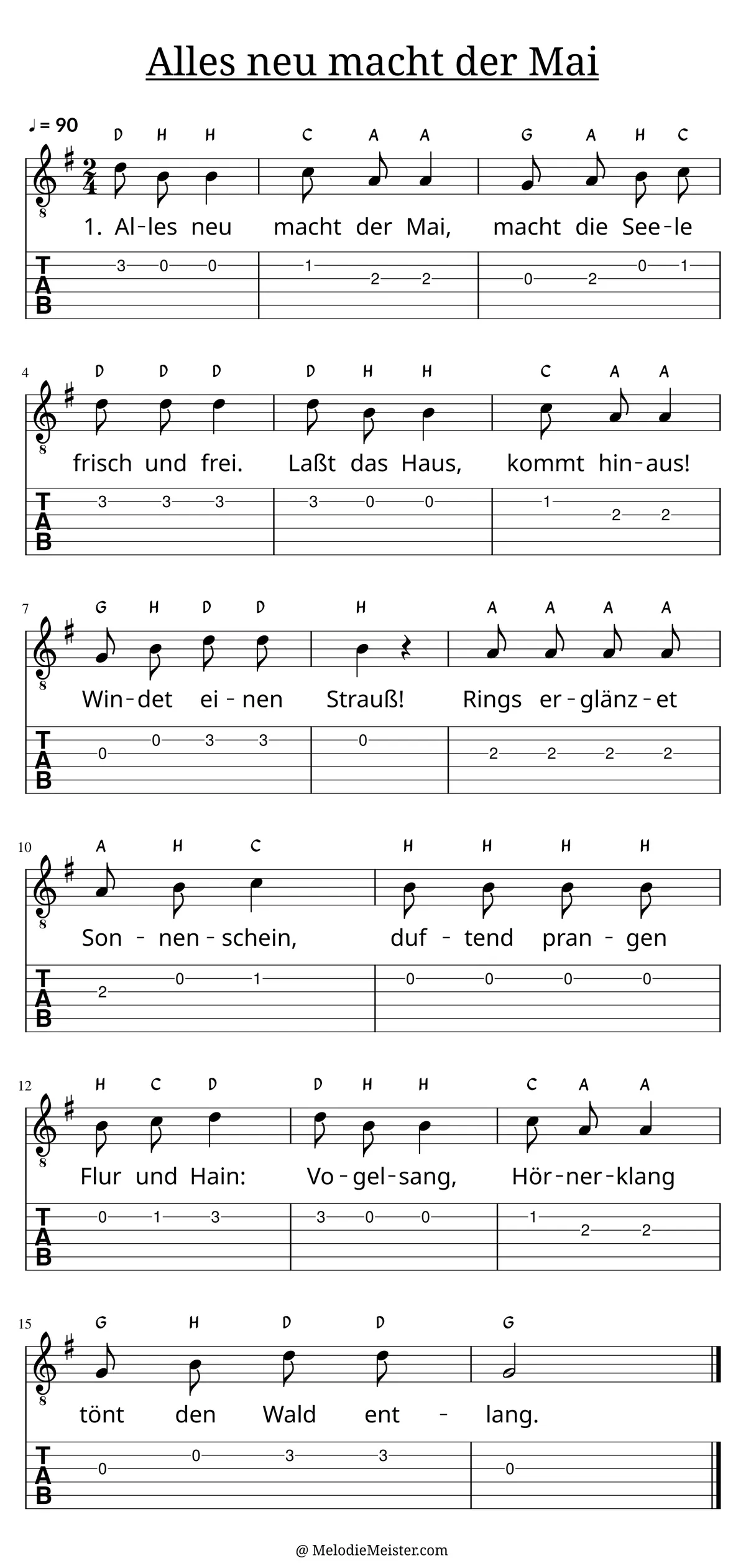 Alles neu macht der Mai – Noten für Gitarre mit Tabulatur und Text zum Volkslied, geeignet für Anfänger