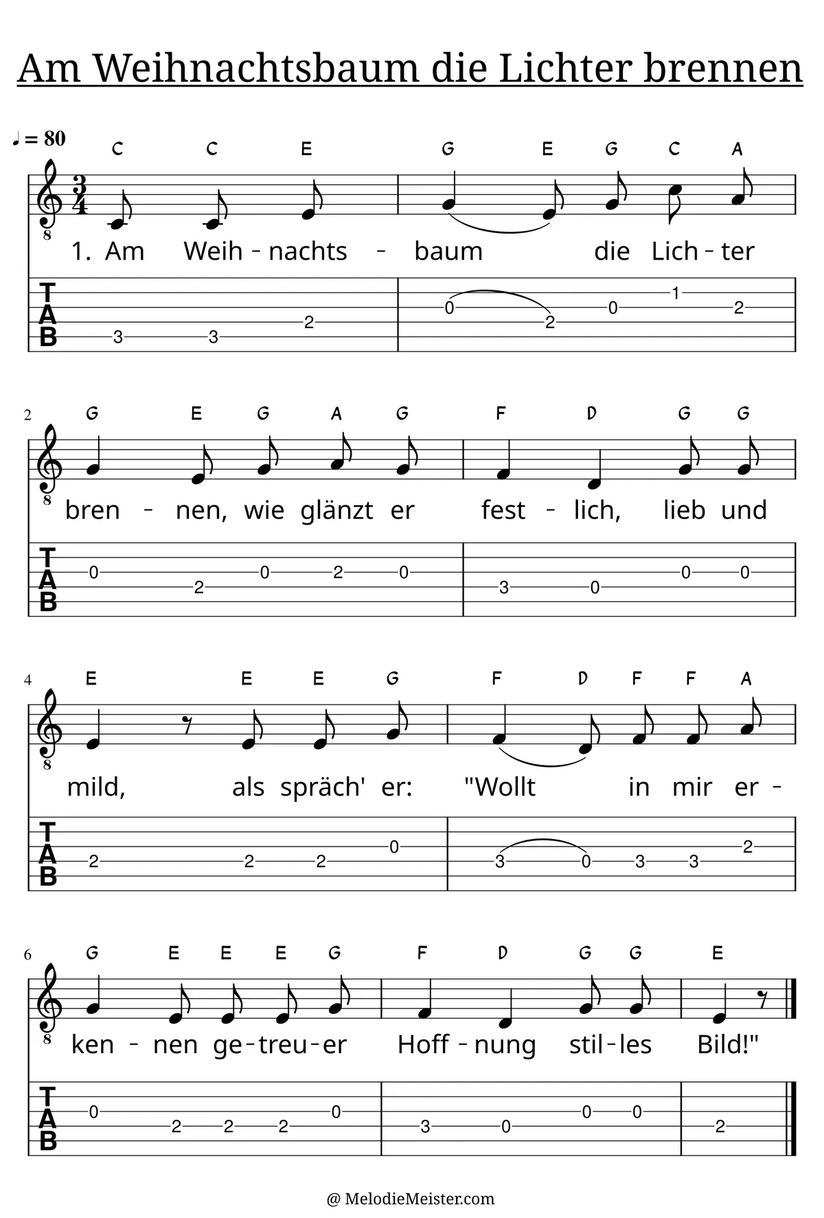 Am Weihnachtsbaum die Lichter brennen – Noten für Gitarre mit Tabulatur und Text zum Weihnachtslieder Adventslied, geeignet für Anfänger