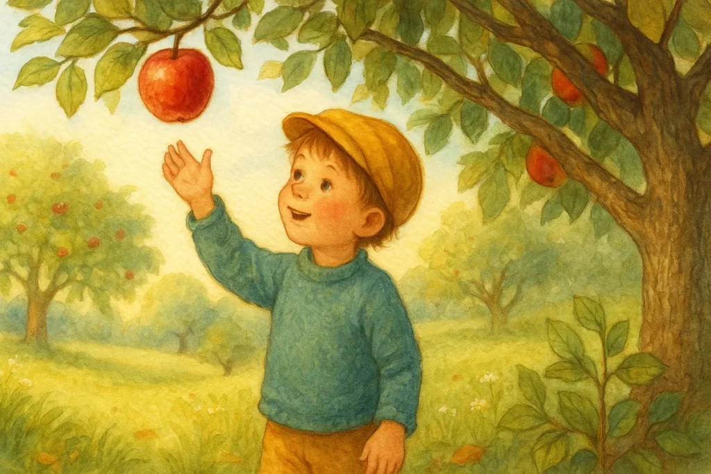 Ein Junge mit Mütze greift nach einem Apfel in einer bunten Obstwiese – liebevoll illustriert im klassischen Bilderbuchstil