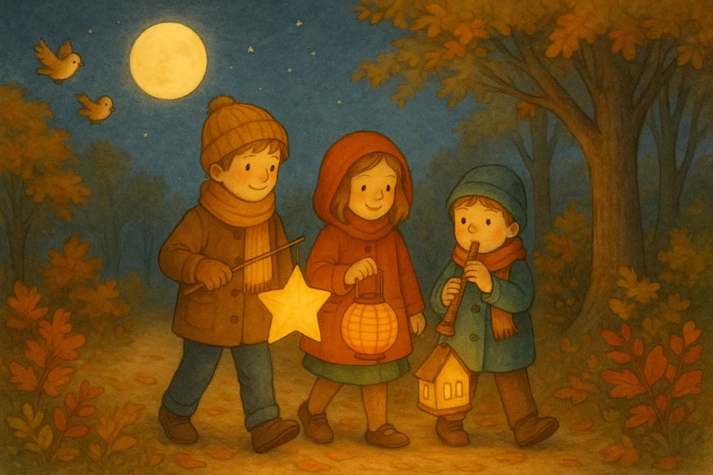 Drei Kinder gehen mit leuchtenden Laternen durch einen herbstlichen Wald bei Mondschein – liebevoll illustriert im Bilderbuchstil