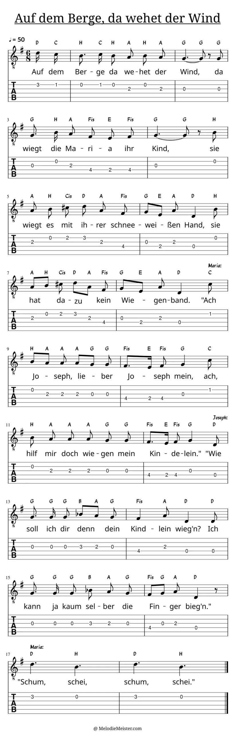 Auf dem Berge, da geht der Wind – Noten für Gitarre mit Tabulatur und Text zum Volkslied, geeignet für Anfänger