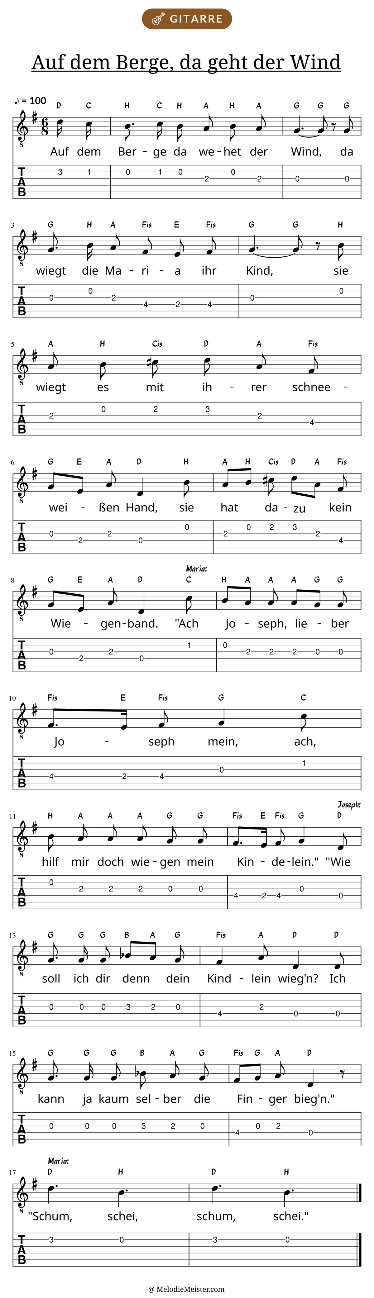 Notenblatt „Auf dem Berge, da geht der Wind“ für Gitarre: Melodie mit Buchstaben über den Noten, darunter der Liedtext und die Gitarren-Tabulatur mit Bundzahlen.