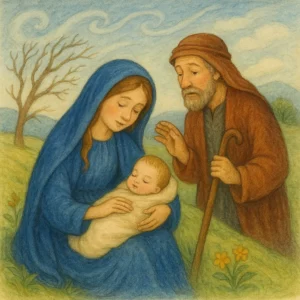 Maria sitzt auf einem windigen Hügel und hält das schlafende Jesuskind liebevoll in den Armen. Josef steht neben ihr, gestützt auf seinen Stab, während der Wind durch die Landschaft weht. Die Szene wirkt ruhig und innig.